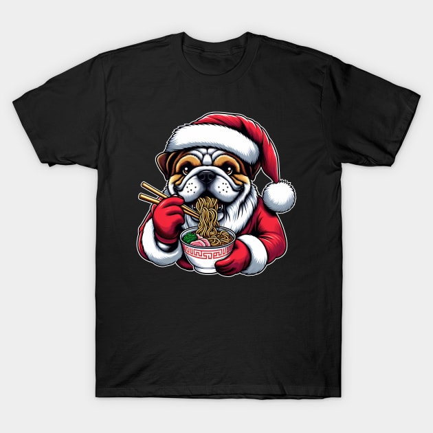 Bulldog as Santa eating Ramen on Christmas T-Shirt by cowyark rubbark